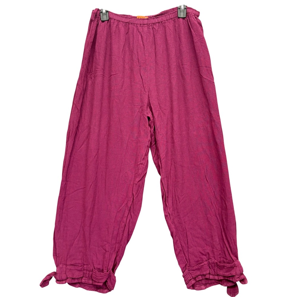 Oh My Gauze Pants Womens Magenta Cotton Tie Cuff Cropped Wide Leg Boho Lagenlook